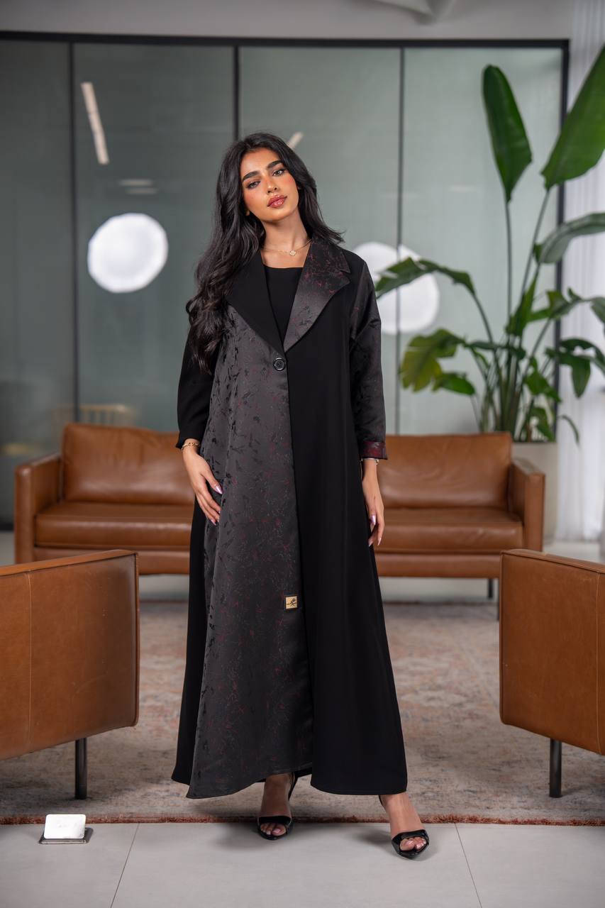 Black crepe blazer abaya with jacquard fabric C:6626