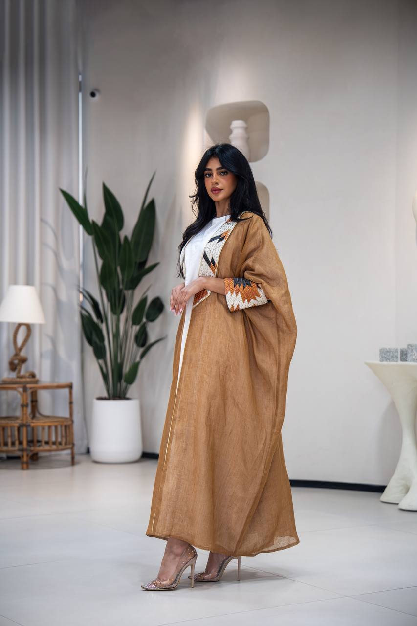 Camel-colored burlap bisht abaya with embroidery C:6621 (Free size)
