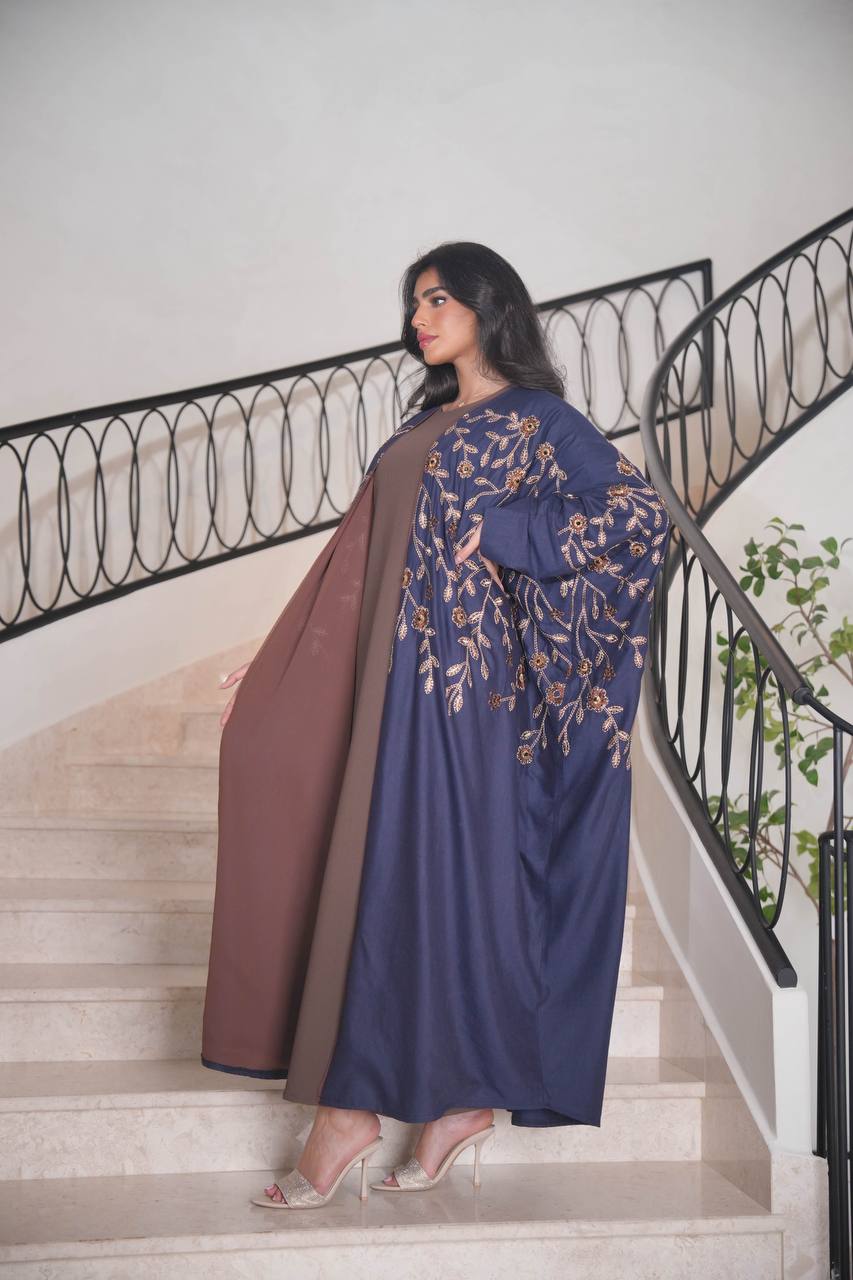 Navy Linen Bisht with Embroidery C:6595 (Free size)