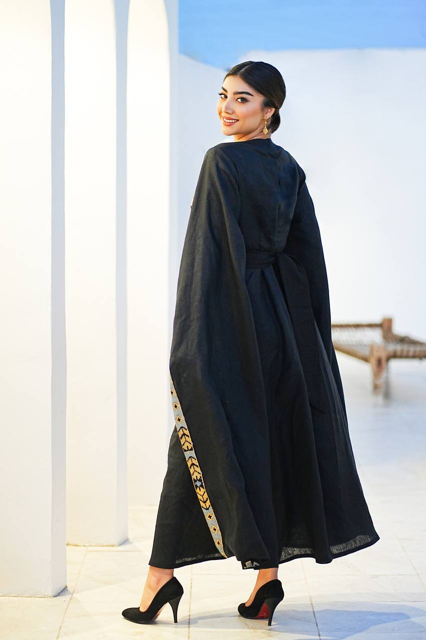 Daraa made of plain linen fabric with embroidered linen, in black color C:6607 Black