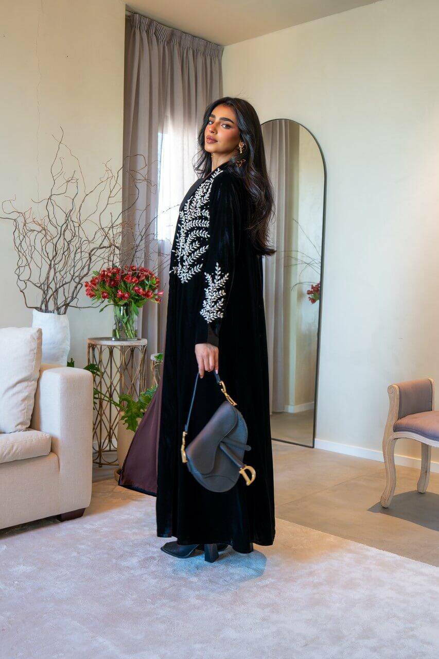 Black velvet abaya with embroidery C:6576