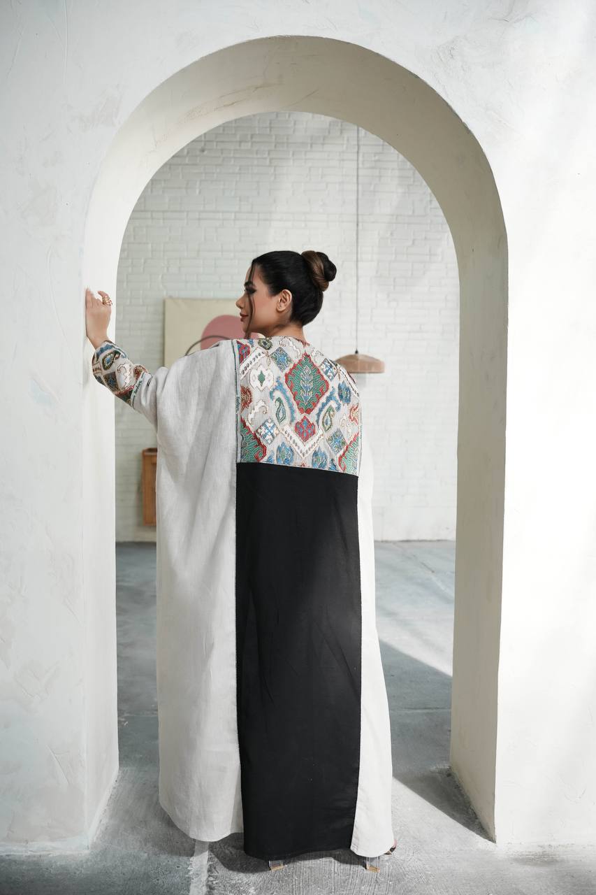Light beige linen abaya with black inserts and embroidery C:6598