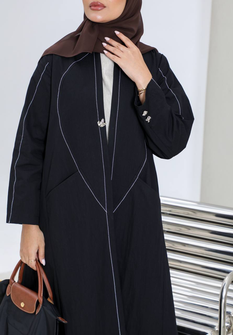 Black trench coat with white embroidery details C:6655