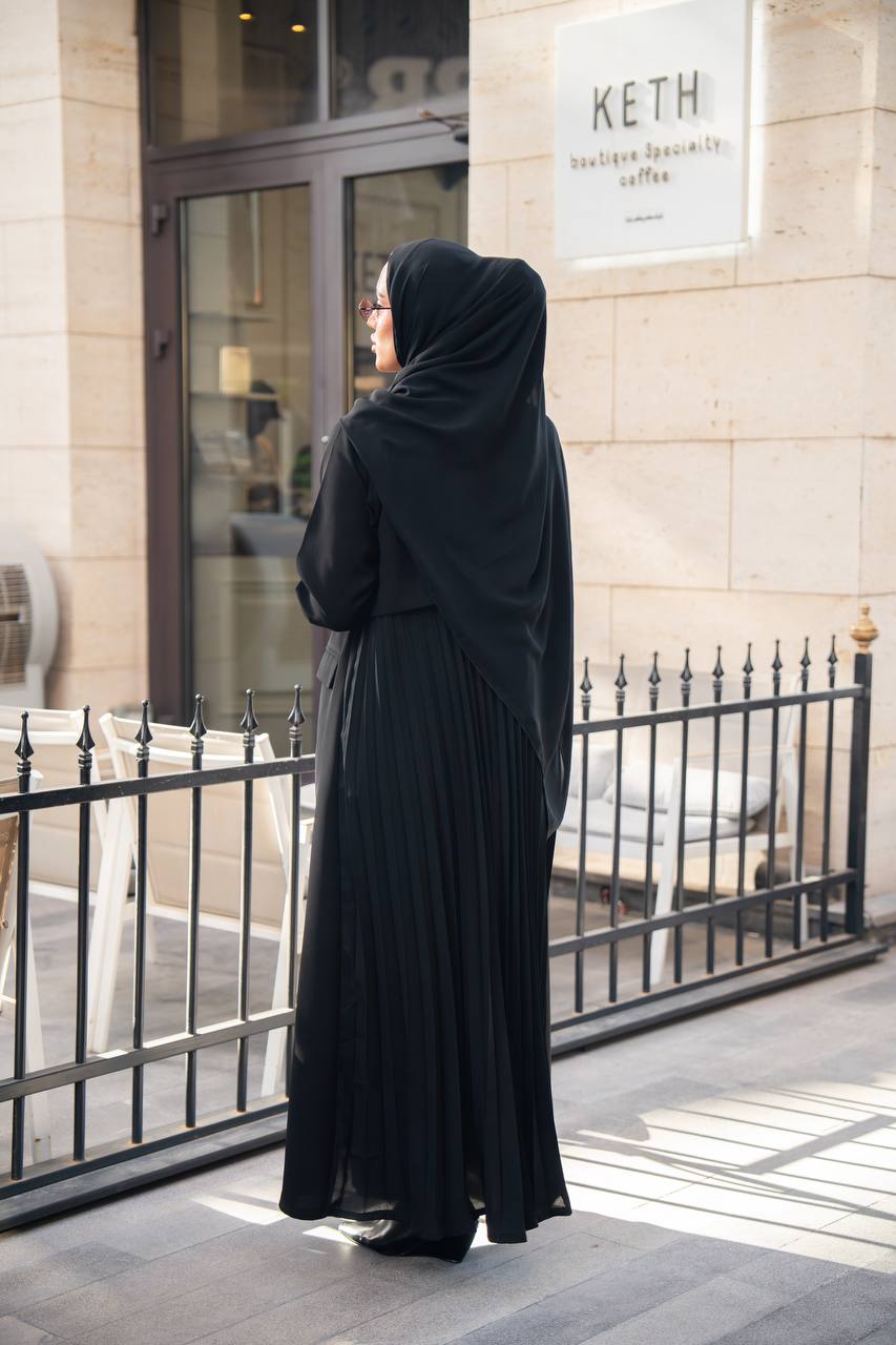 Black crepe blazer abaya with pleated cloche C:6680
