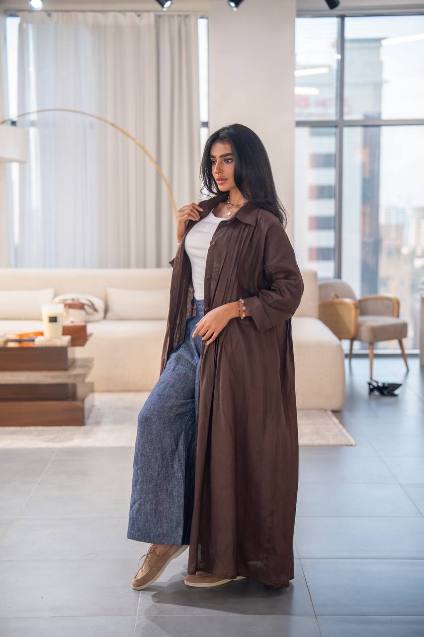Free size brown linen abaya C:6663 Brown
