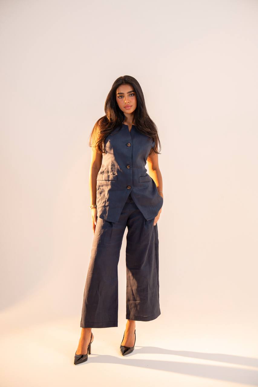 Navy blue linen vest and pants set. C:217