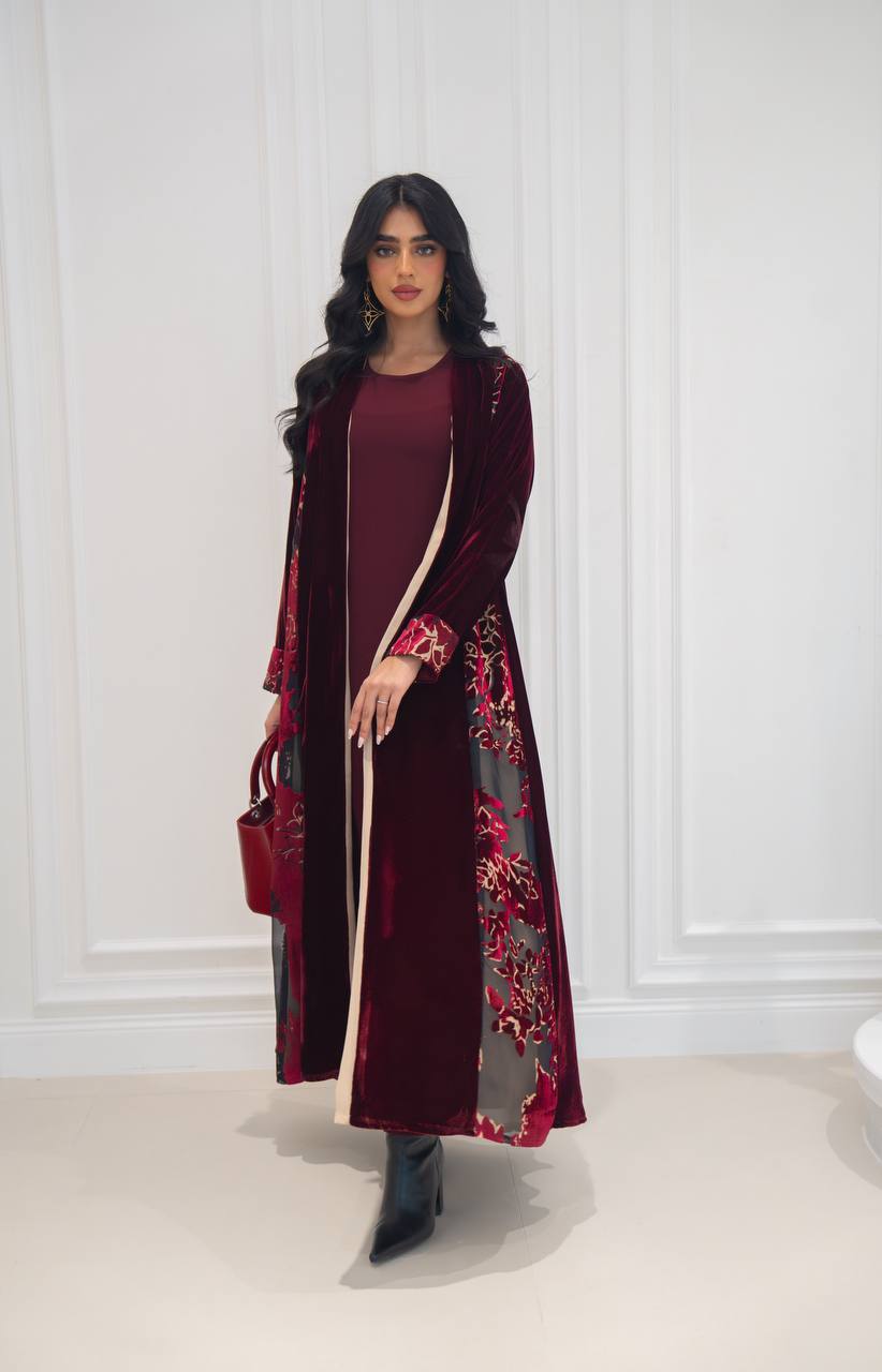 Burgundy velvet abaya. C:6573