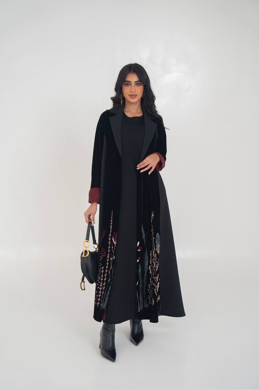 Black velvet blazer abaya with embroidery. C:6712