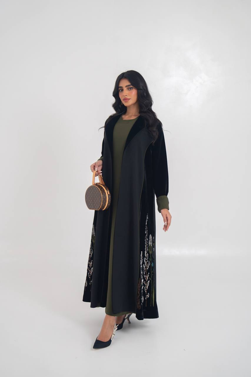 Velvet blazer abaya with crepe and embroidery. C:6711