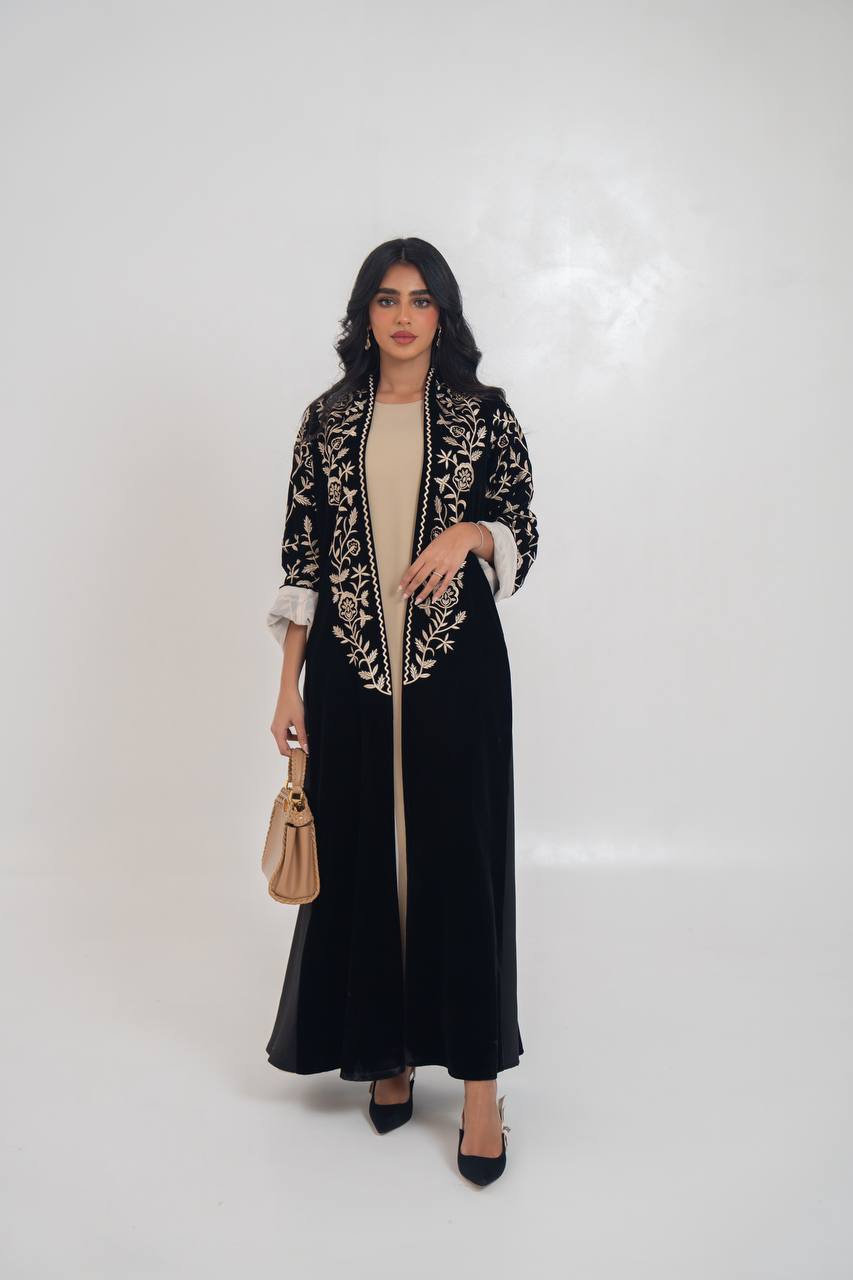 Black velvet abaya with embroidery. C:6710