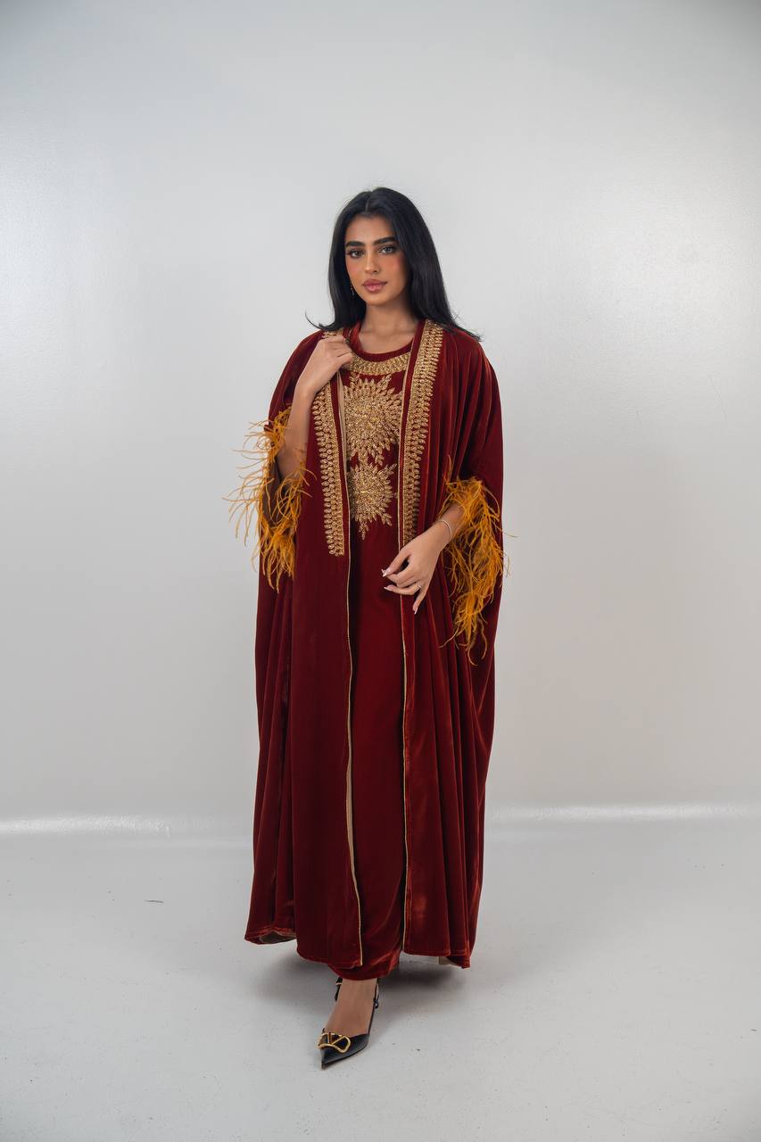 Bisht and dress set in burgundy velvet with hand embellishment.C:6714