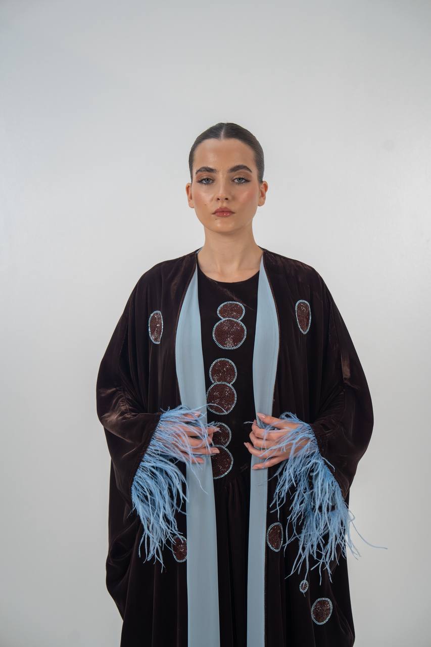 Bisht and dress set in brown velvet with hand embellishment.C:6718