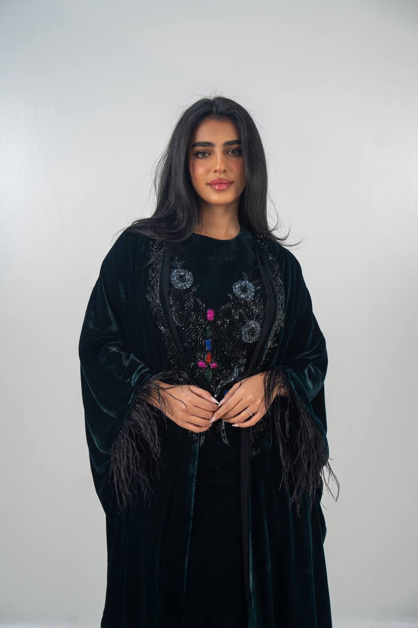A set of bisht and dress, velvet in olive green with hand embroidery..C:6716