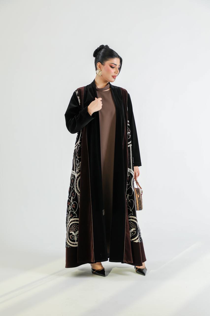 Black and brown velvet abaya with embroidery. C:6725