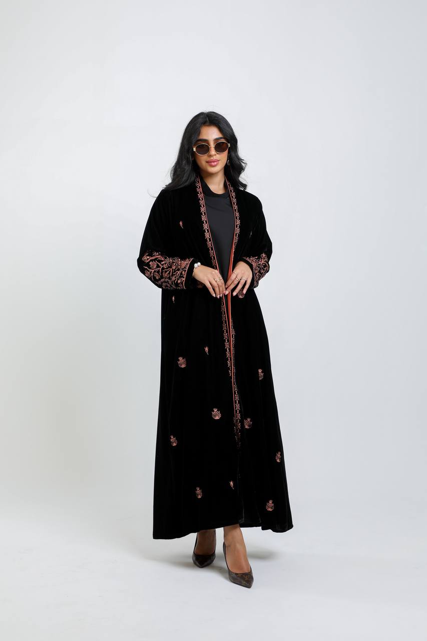 Black velvet abaya with orange embroidery. C:6721