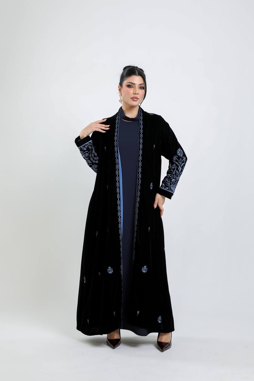 Black velvet abaya with blue embroidery. C:6721 Blue