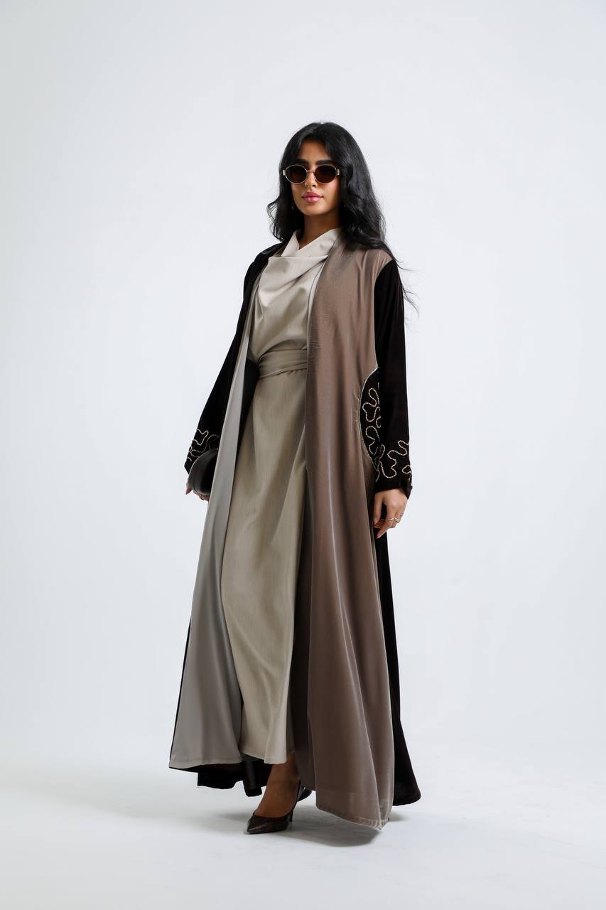 A velvet abaya in brown and beige with hand embroidery.C:6724