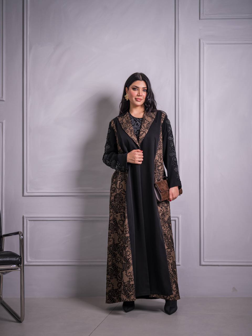 Plain black crepe blazer abaya with brown printed crepe. C:6733 Brown