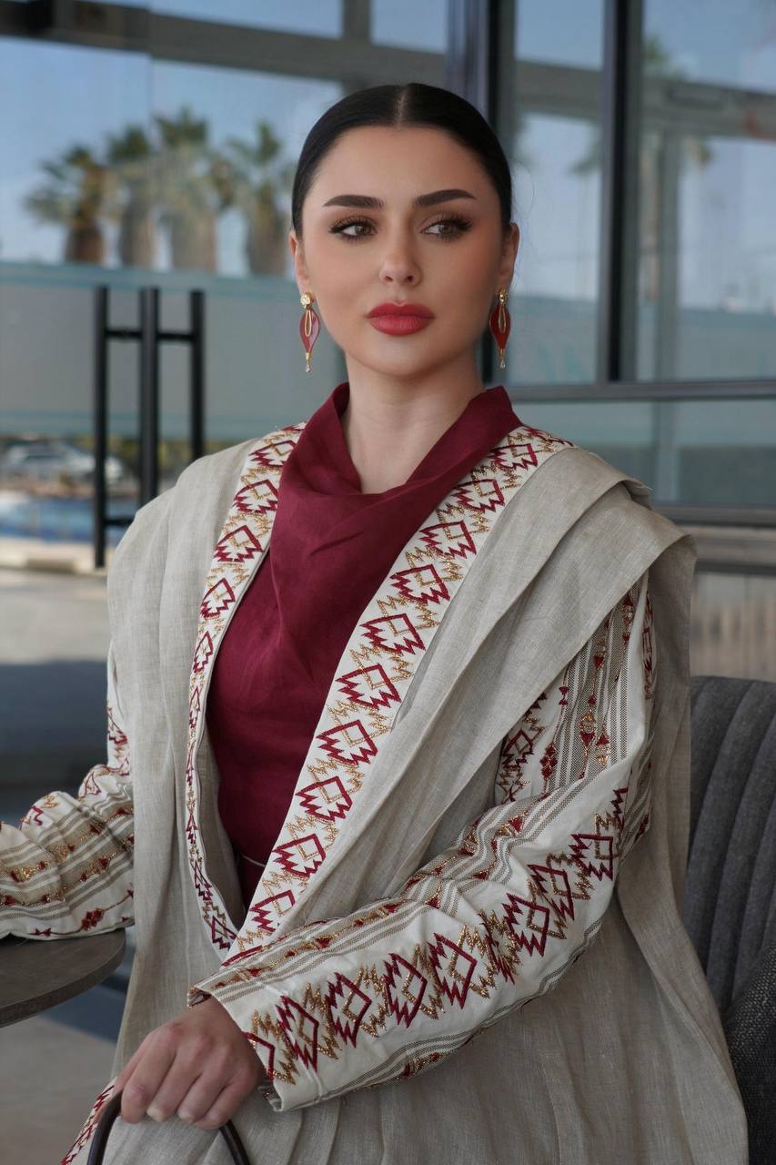 Beige linen abaya with embroidery. C:6758