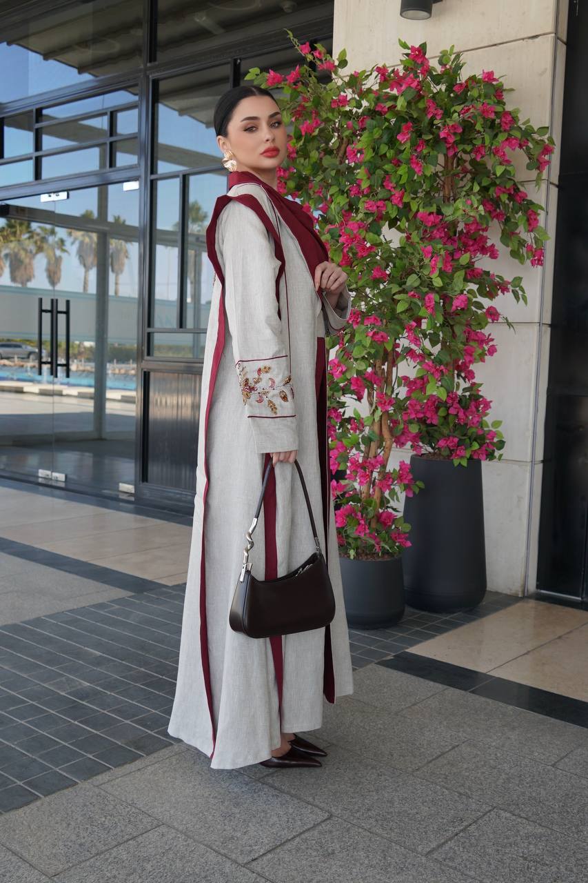 Beige linen blazer abaya with hand-stitched details .C:6755
