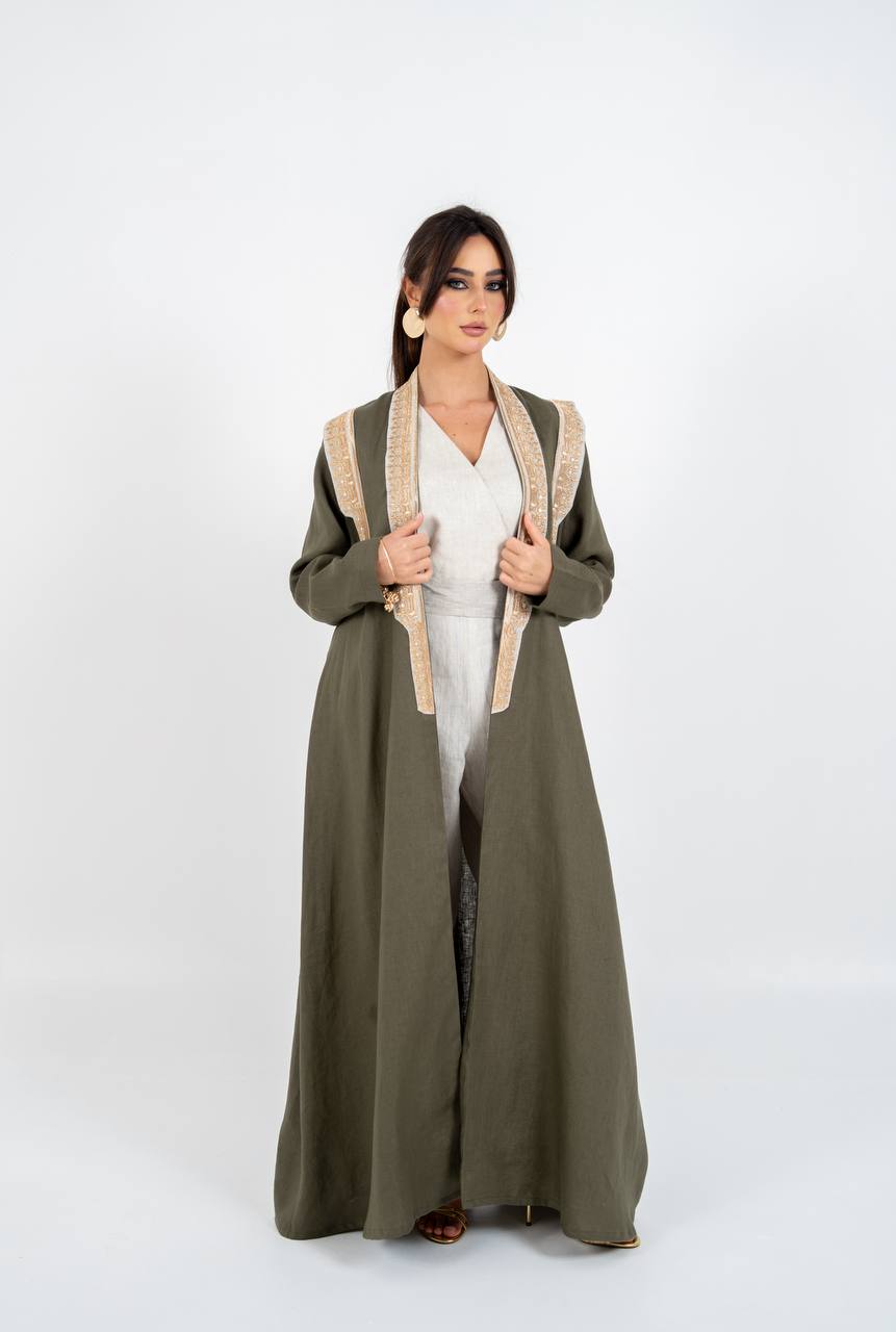 Linen abaya in olive green with embroidery. C:6762
