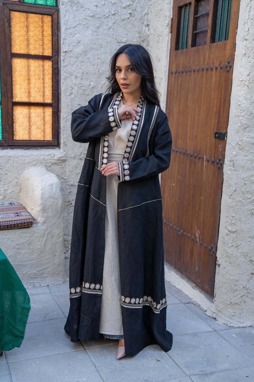 Linen abaya in black with embroidery. C:6763