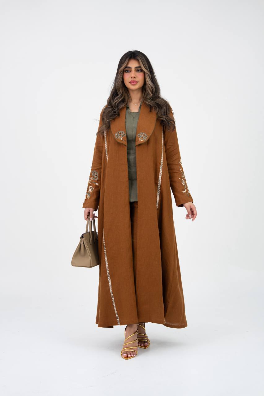 Camel-colored linen trench coat with hand embroidery and beading. C:6768