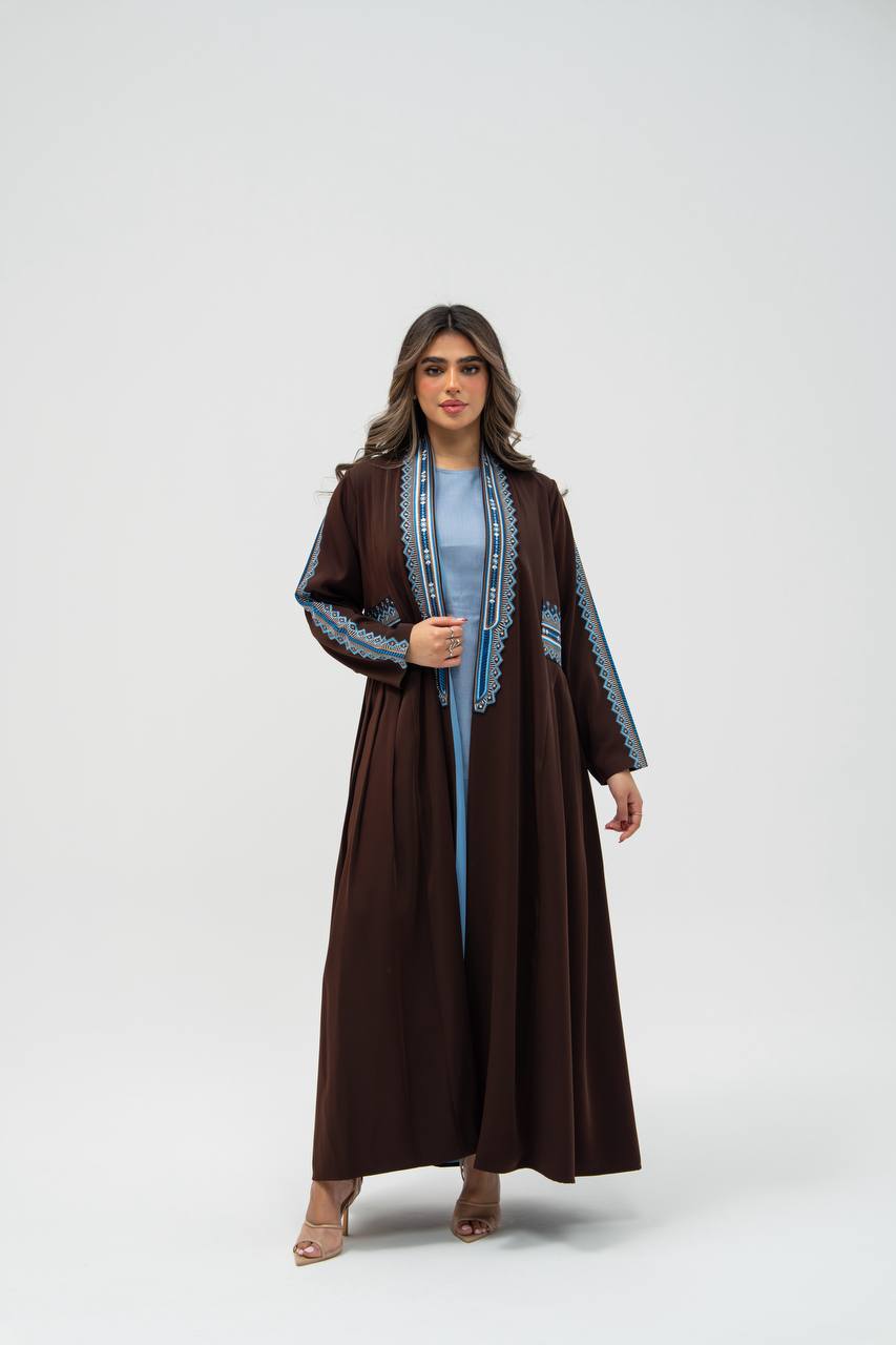 Brown crepe fabric abaya with embroidery. C: 6702 brown crepe