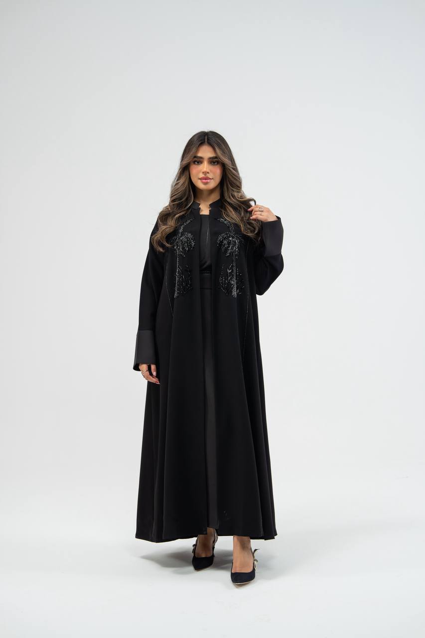 Black crepe abaya with hand-stitched details. C:6748 black.  crepe
