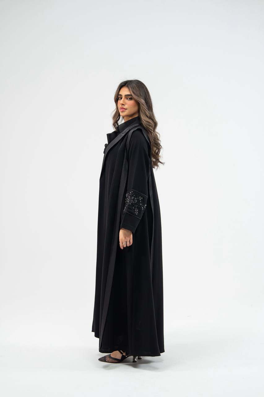 Black crepe fabric abaya with satin. C: 6755 black crepe
