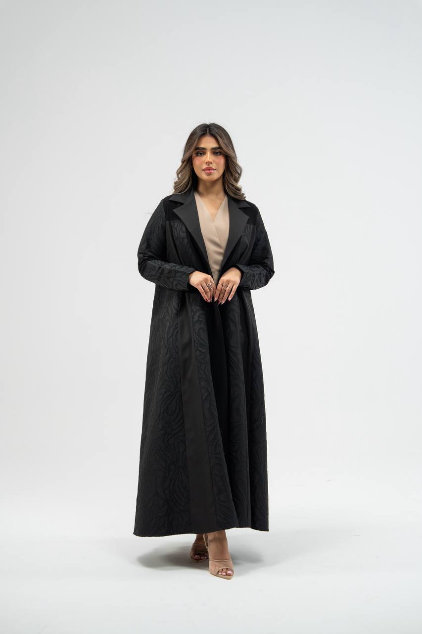 Black crepe abaya with jacquard detailin.  C:6775