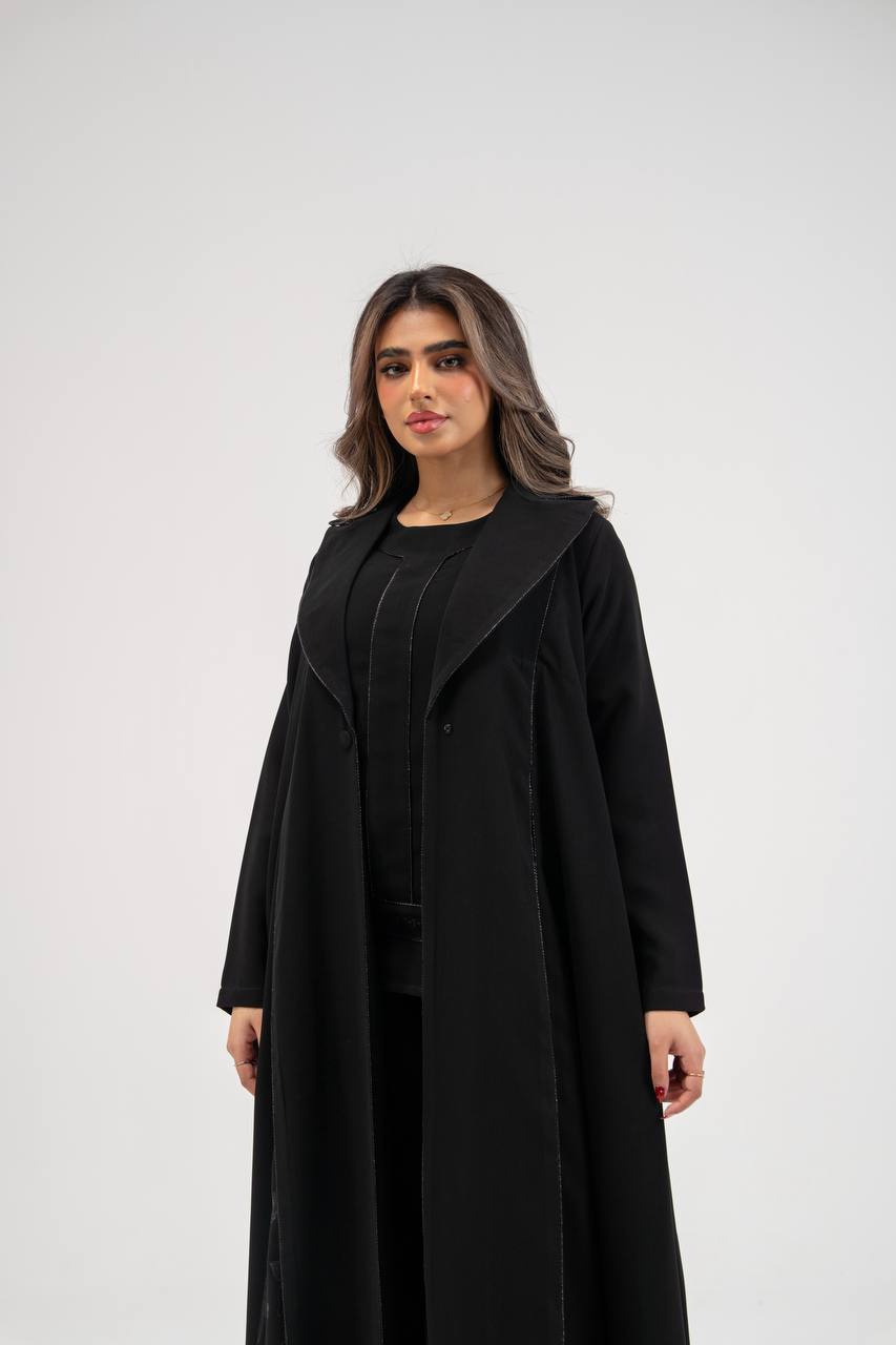 Black crepe abaya with embroidery. C:6770 BLACK