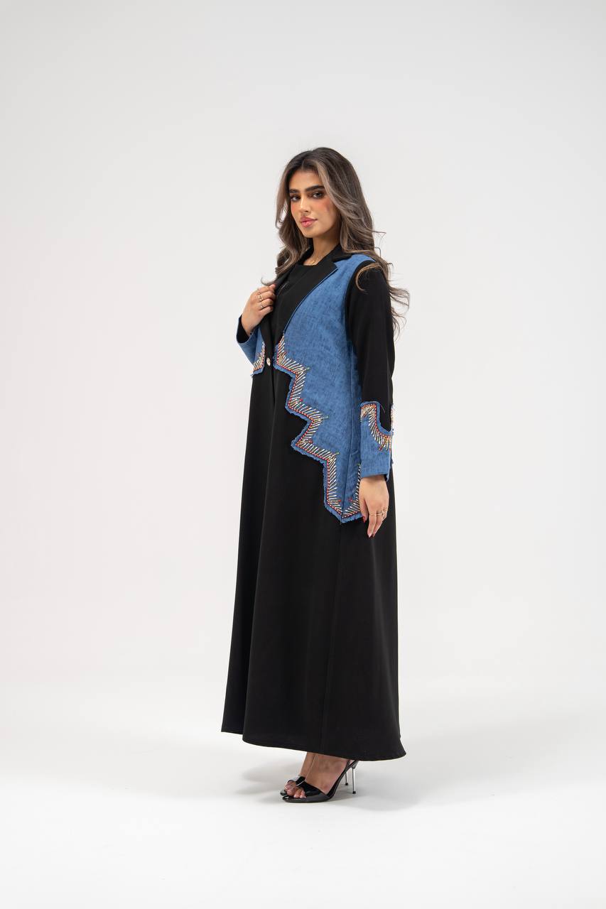 Black crepe blazer abaya with hand-stitched details. C:6771