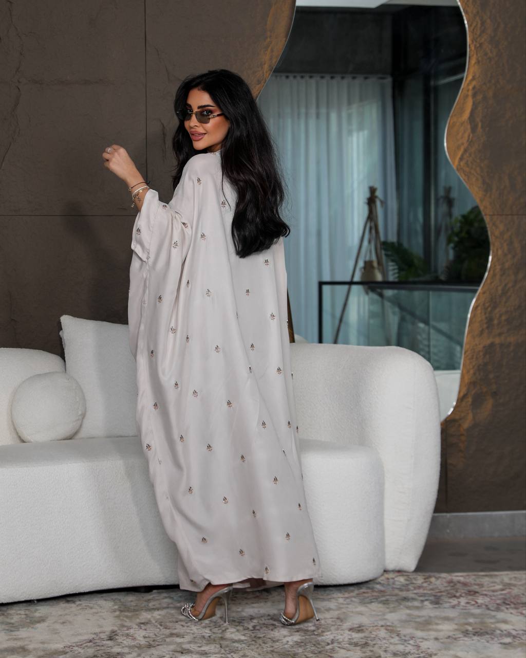 Light beige silk crepe abaya with embroidery C:6387