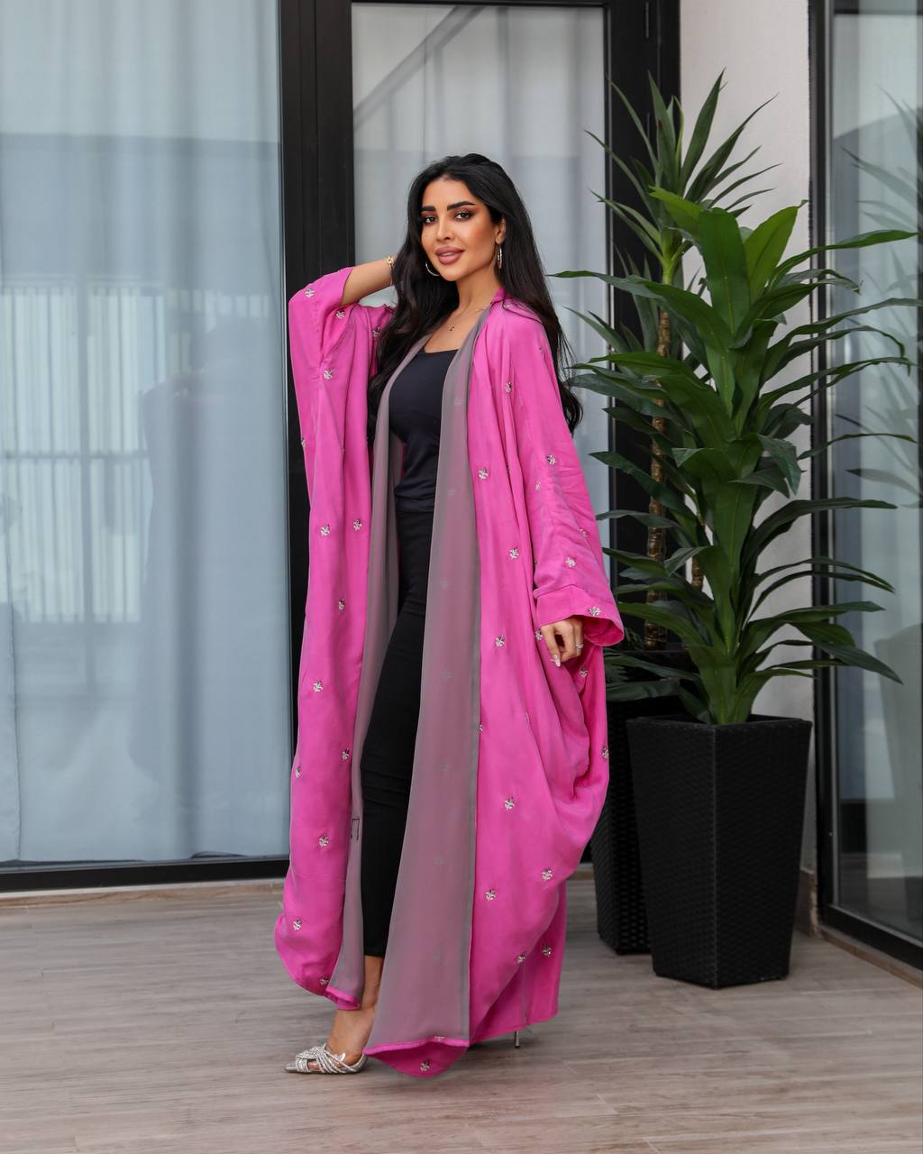 Pink silk crepe abaya with hand embroidery and beading. C:6387