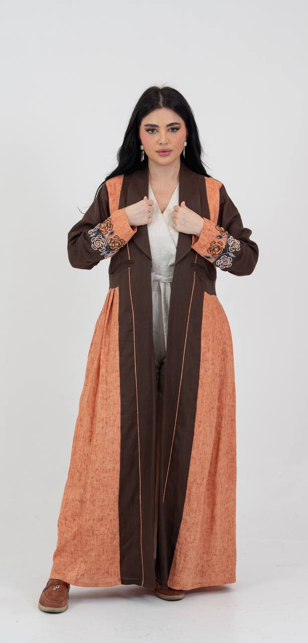 Linen abaya in brown and orange with hand-beading. C:6781