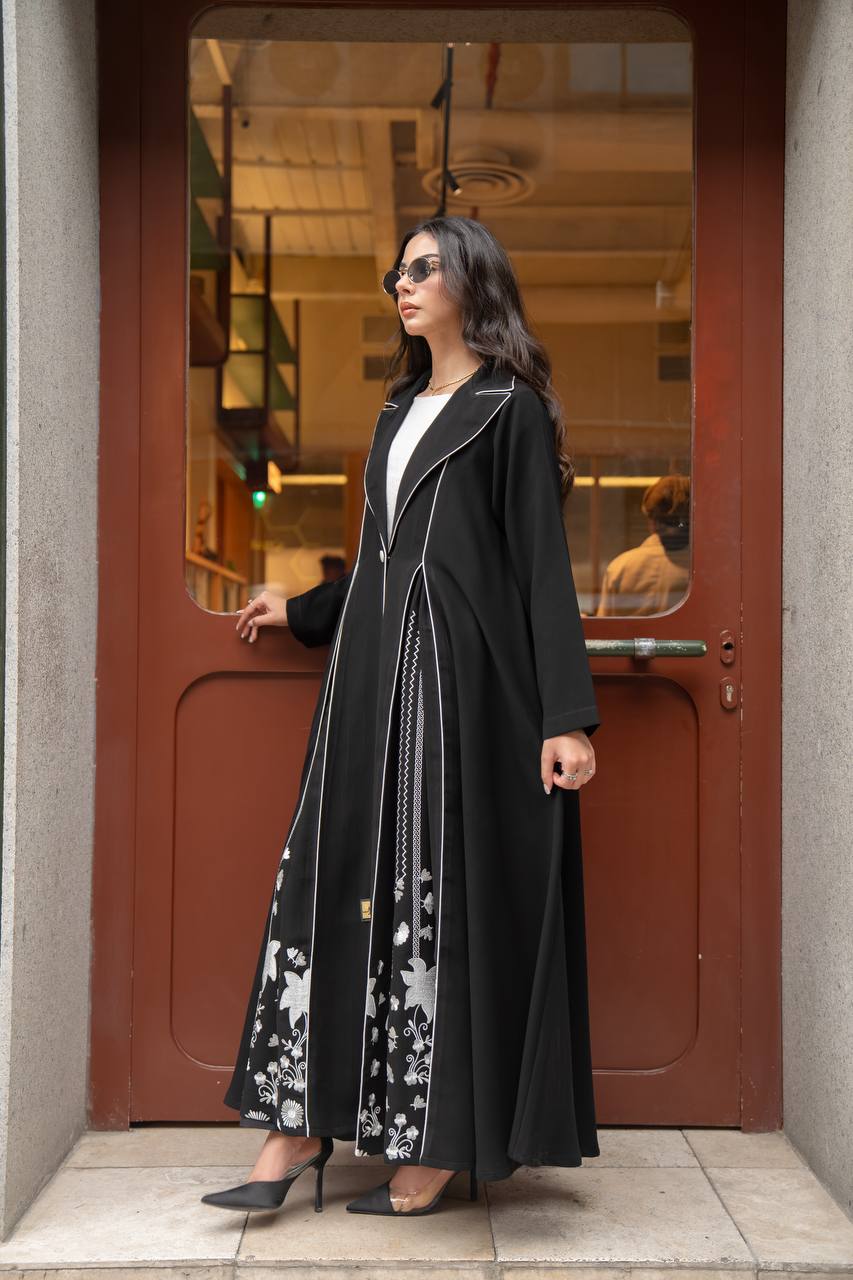 Black crepe abaya with white embroidery. C:6770