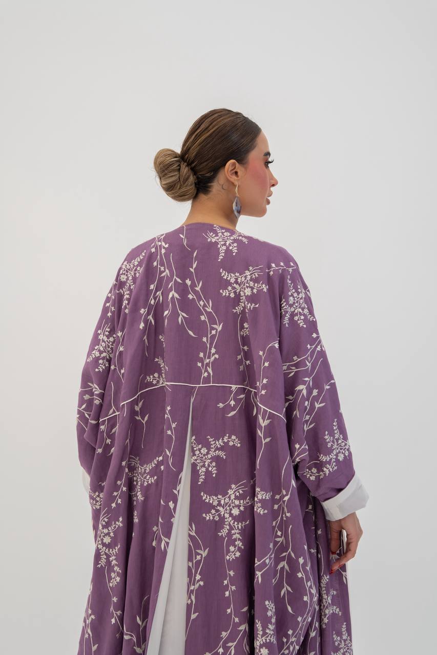 Linen abaya in purple with embroidery. C:6784