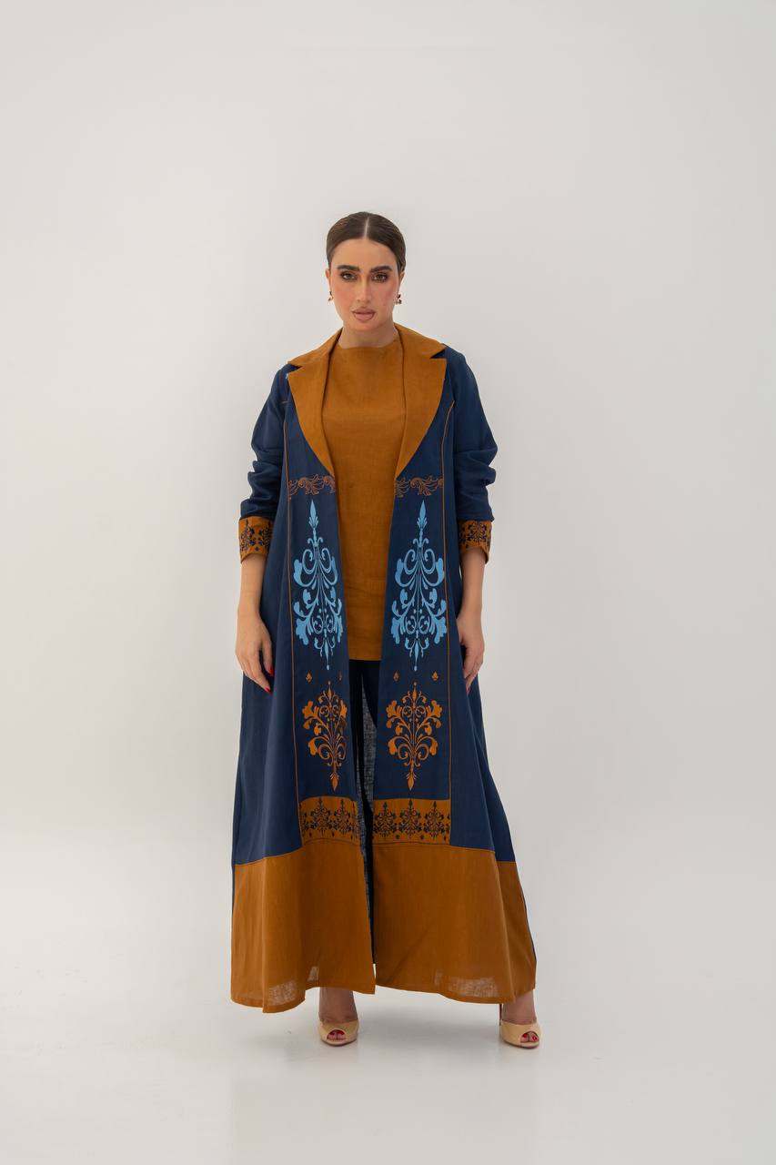 Linen abaya in navy blue with embroidery.C:6783