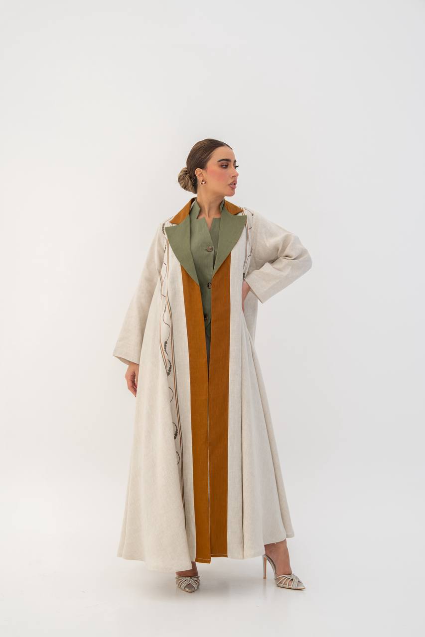 Beige linen abaya with embroidery. C:6787