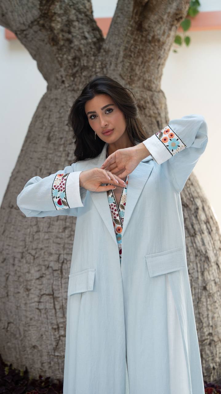 Blue linen blazer abaya with embroidery.C:6792