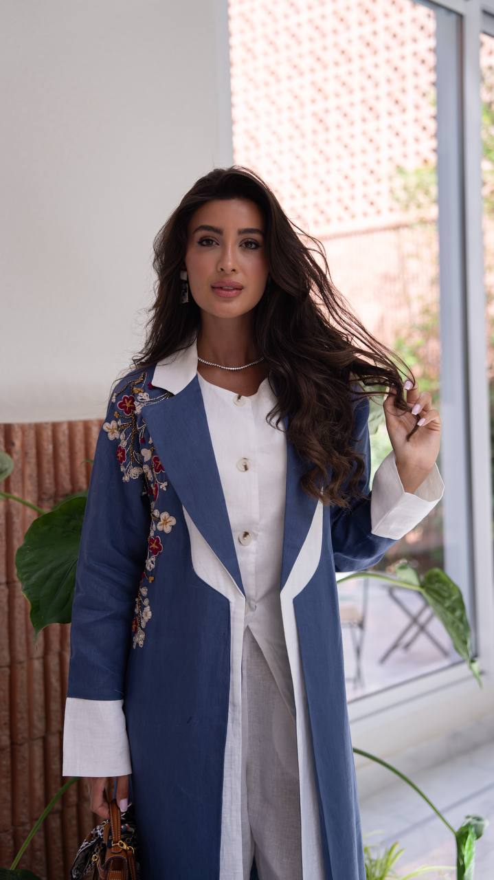Blue linen blazer abaya with embroidery.C:6795
