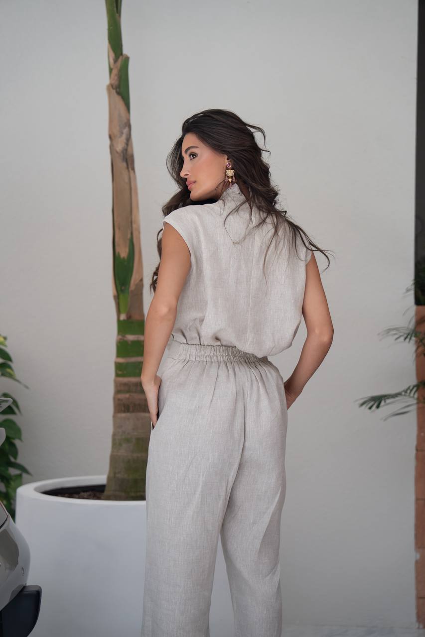 Beige linen blouse and pants set.C:240