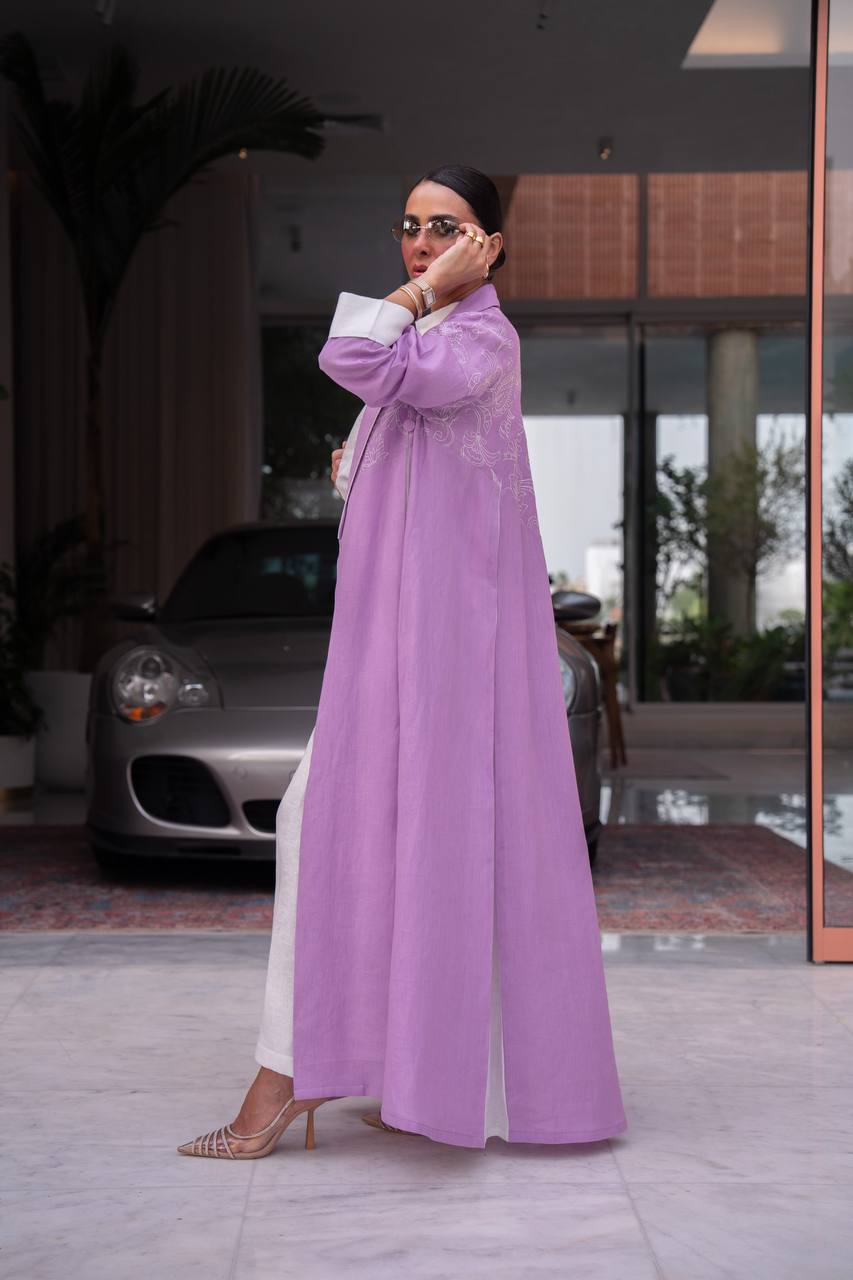 Purple linen blazer abaya with embroidery. C:6793