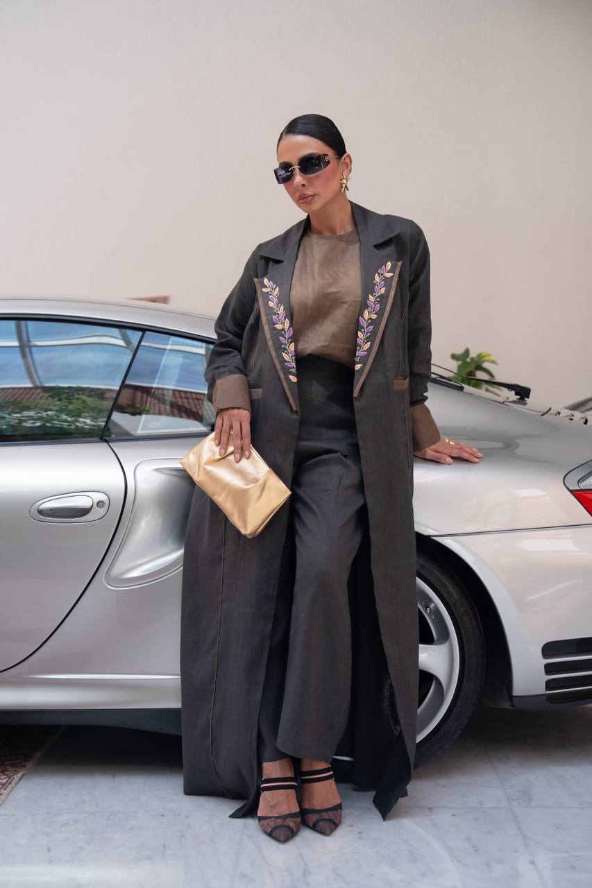 Black linen blazer abaya with embroidery.C:6806