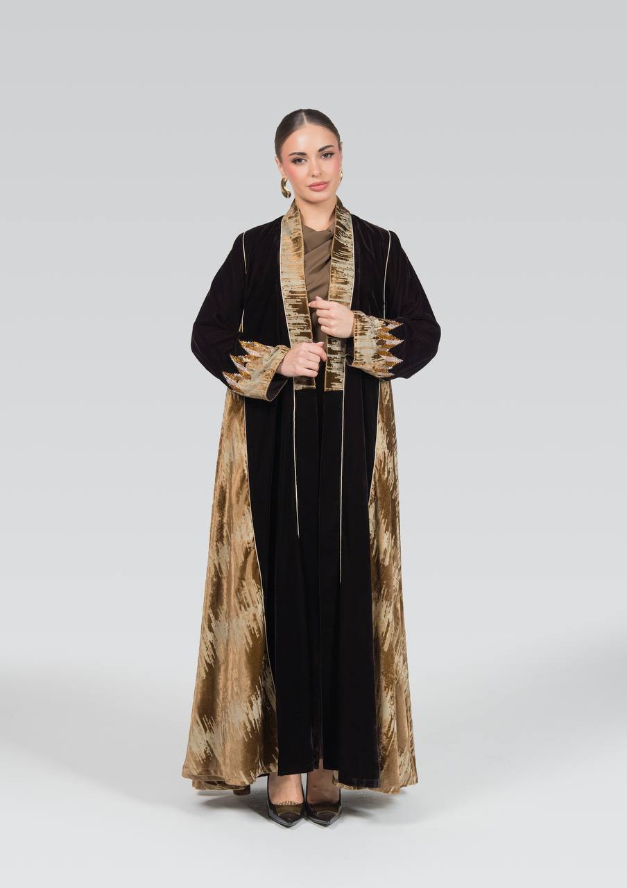 Velvet abaya with hand-beading.C:6838 Brown