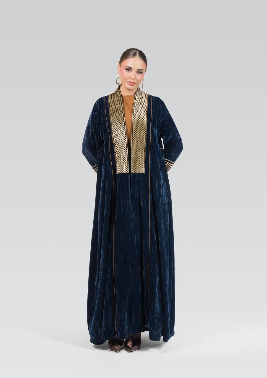 Navy blue velvet abaya with beadwork and embroidery.C:6839