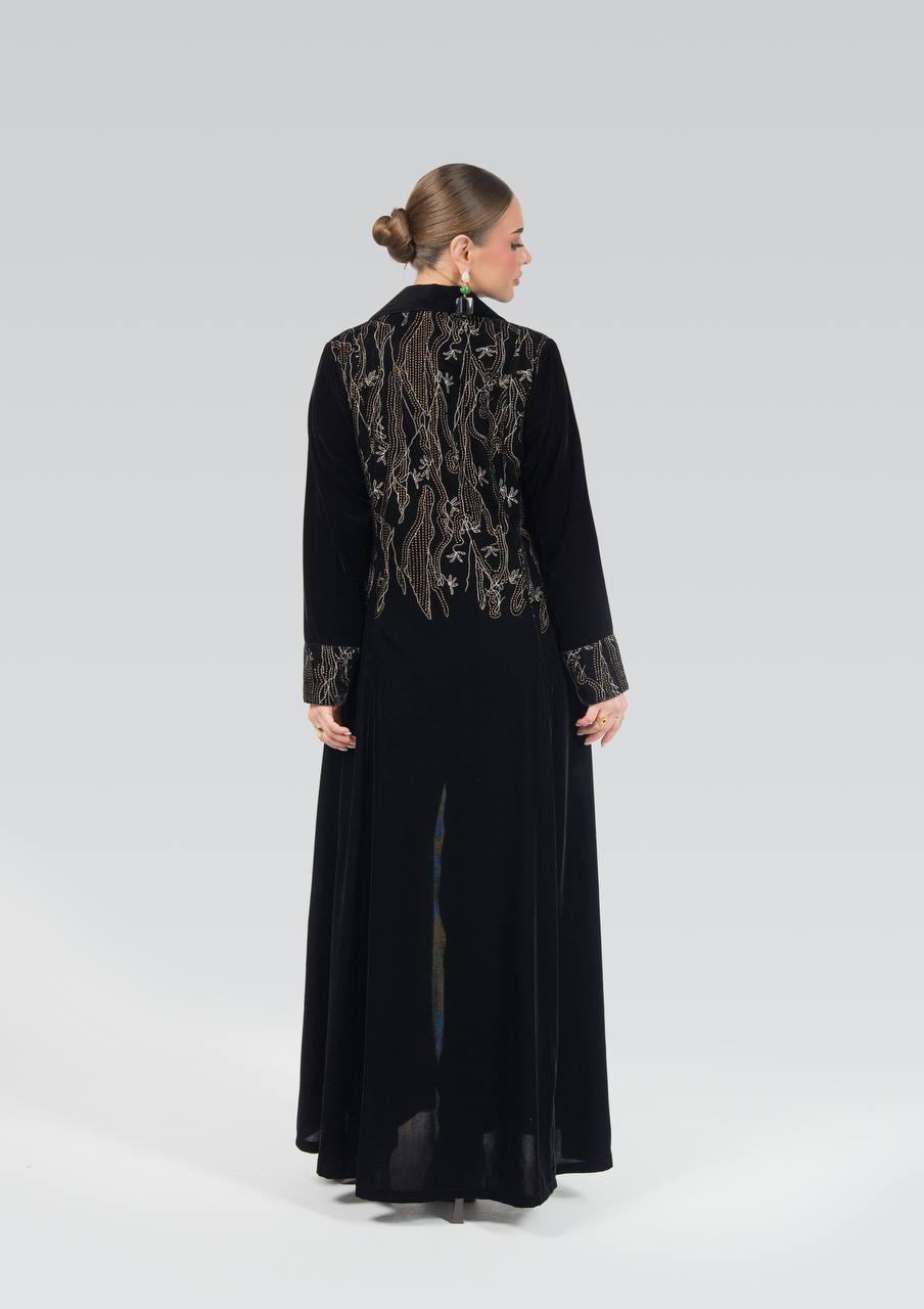 Black velvet abaya with embroidery and hand-beading.C:6840