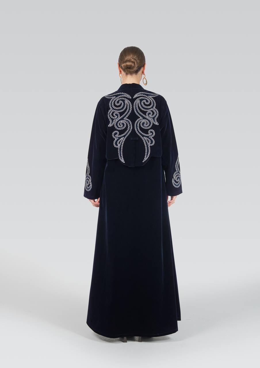 Navy blue velvet abaya with embroidery.C:6842