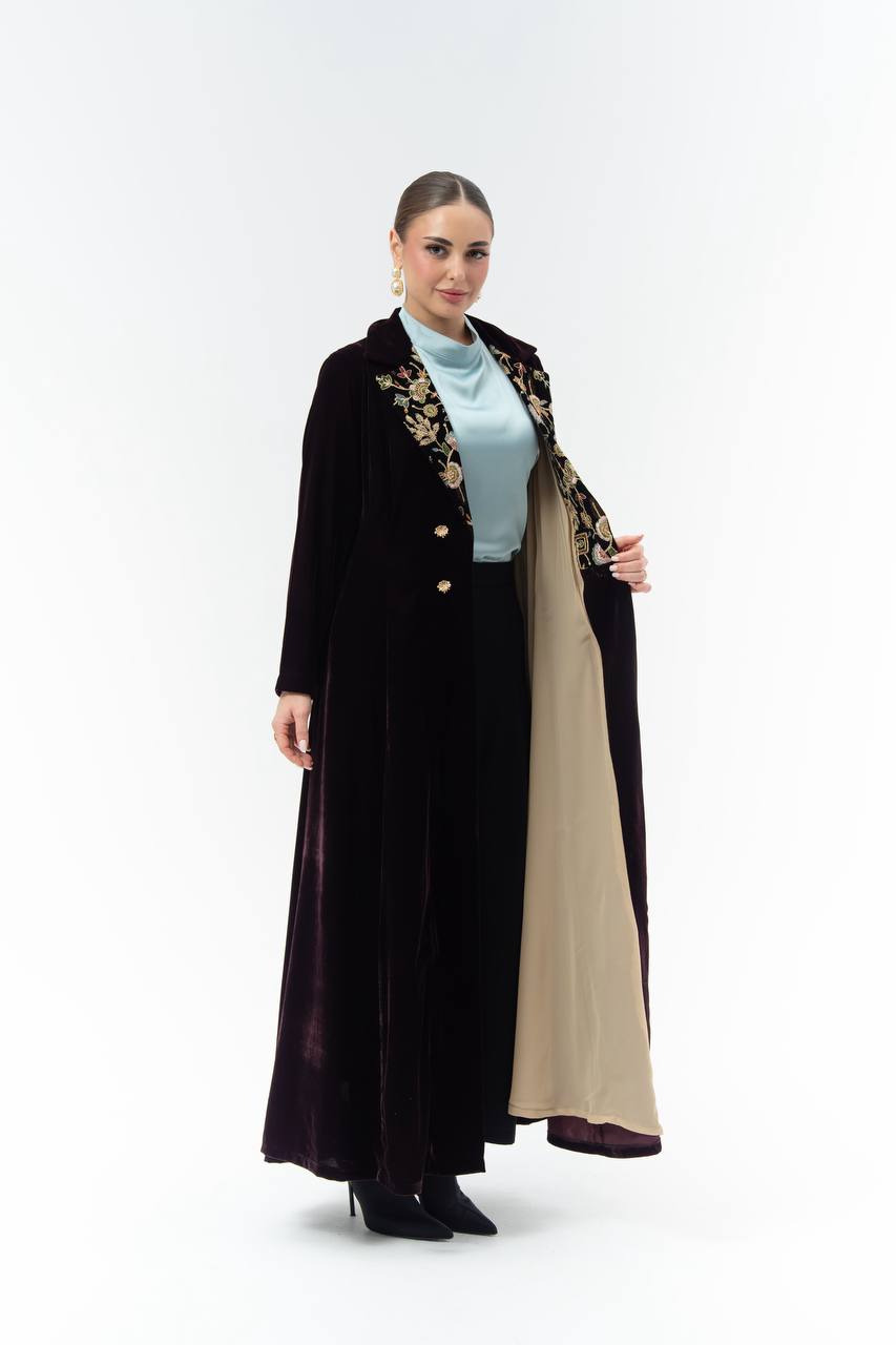 Burgundy velvet abaya with embroidery.C:6845